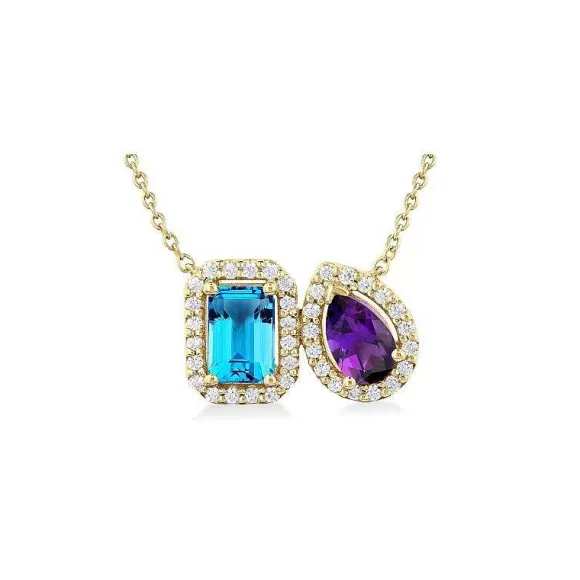 Kelley Collection 14K Yellow Gold 2-Stone Halo Blue Topaz & Amethyst Necklace> Pendants