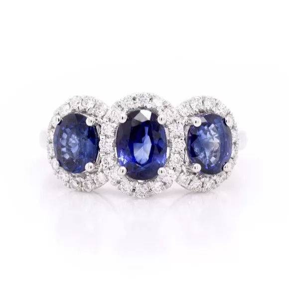 Kelley Collection 3-Stone Halo Sapphire & Diamond Ring> Rings