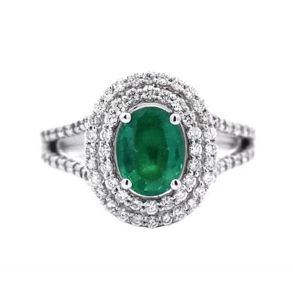 Kelley Collection Double Halo Emerald & Diamond Ring> Rings